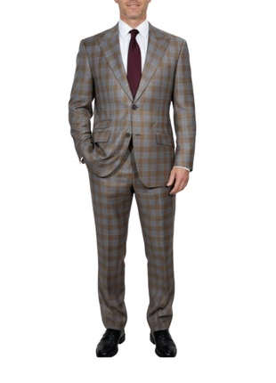 Beragamo Elegant Mens Beige With Light Blue Plaid Slim Fit Peak Lapel Wool 2 Button Suit