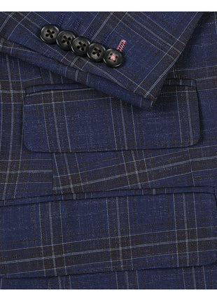English Laundry Navy & Brown Windowpane Slim Fit Peak Lapel 2 Button Stretch Suit