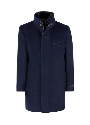 T.O. Boys Solid Navy Blue 3/4 Length Wool Blend Down Overcoat - The Suit Depot