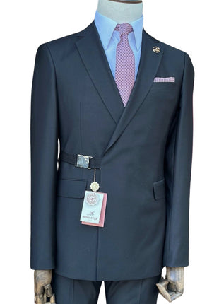 Pierre Carlos Solid Black Slim Fit Double Breasted Stretch Suit with Buckle Closure