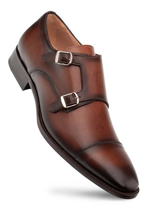 Mezlan Mens Chocolate Brown Cap Toe Double Monk Strap Leather Dress Shoes