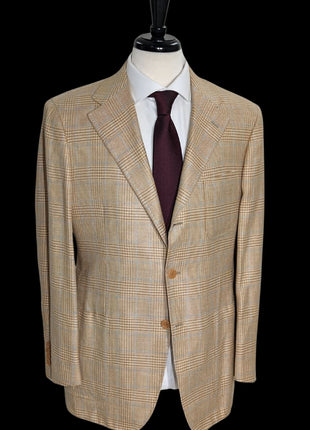 Sartoria Partenopea Men's Tan Glen Plaid Silk Blend 3-Roll-2 Sportcoat 42R