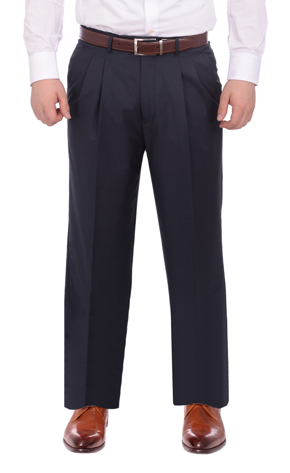 Armanno Uomo Regular Fit Solid Navy Blue Double Pleated Unhemmed Dress Pants