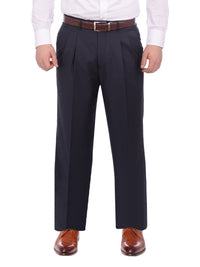 Thumbnail for Armanno Uomo Regular Fit Solid Navy Blue Double Pleated Unhemmed Dress Pants