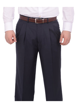 Armanno Uomo Regular Fit Solid Navy Blue Double Pleated Unhemmed Dress Pants