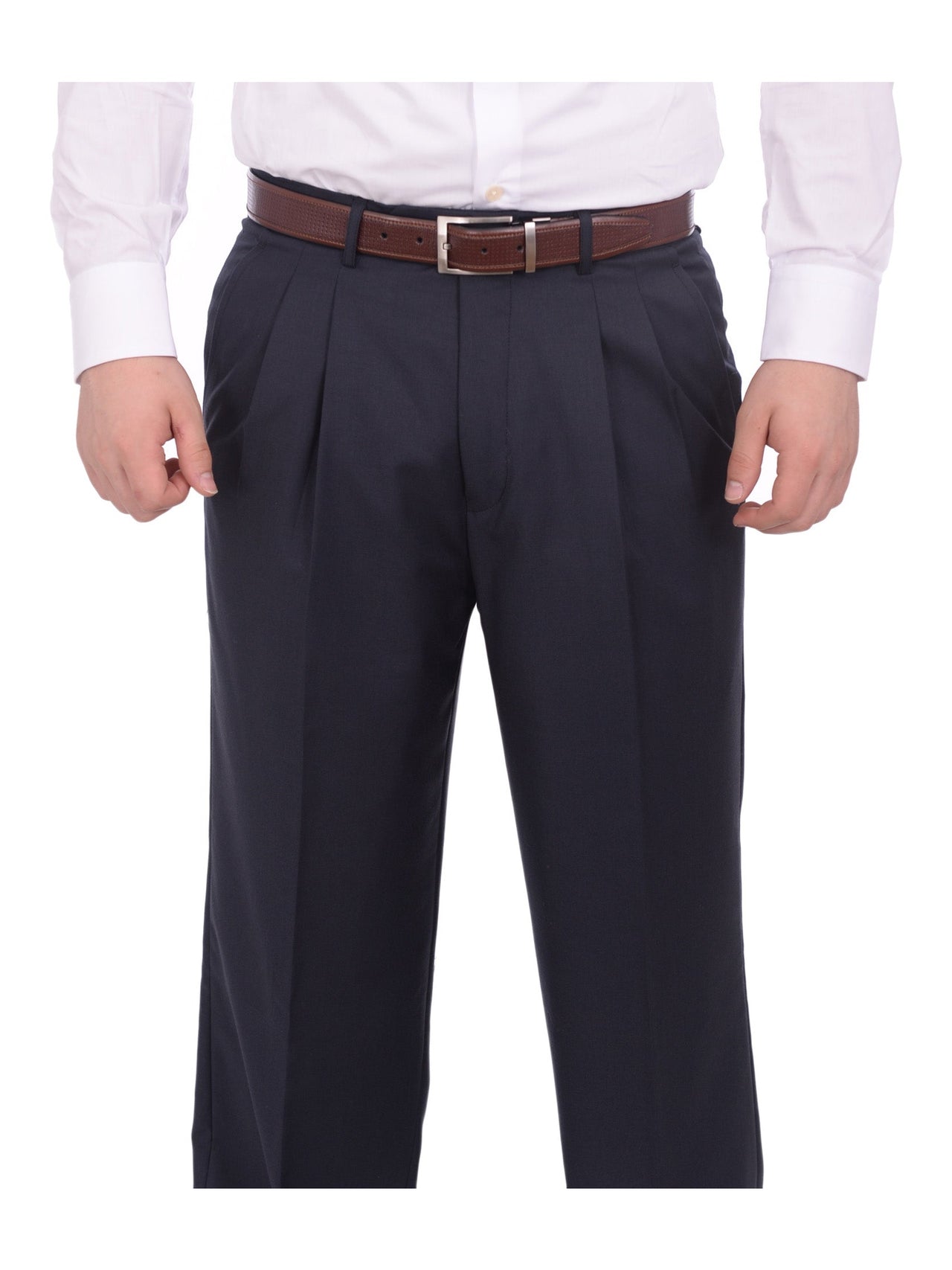 Armanno Uomo Regular Fit Solid Navy Blue Double Pleated Unhemmed Dress Pants