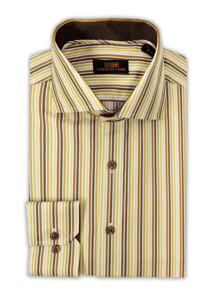 Steven Land Mens Brown Striped Regular Fit Spread Collar 100% Cotton Dress Shirt