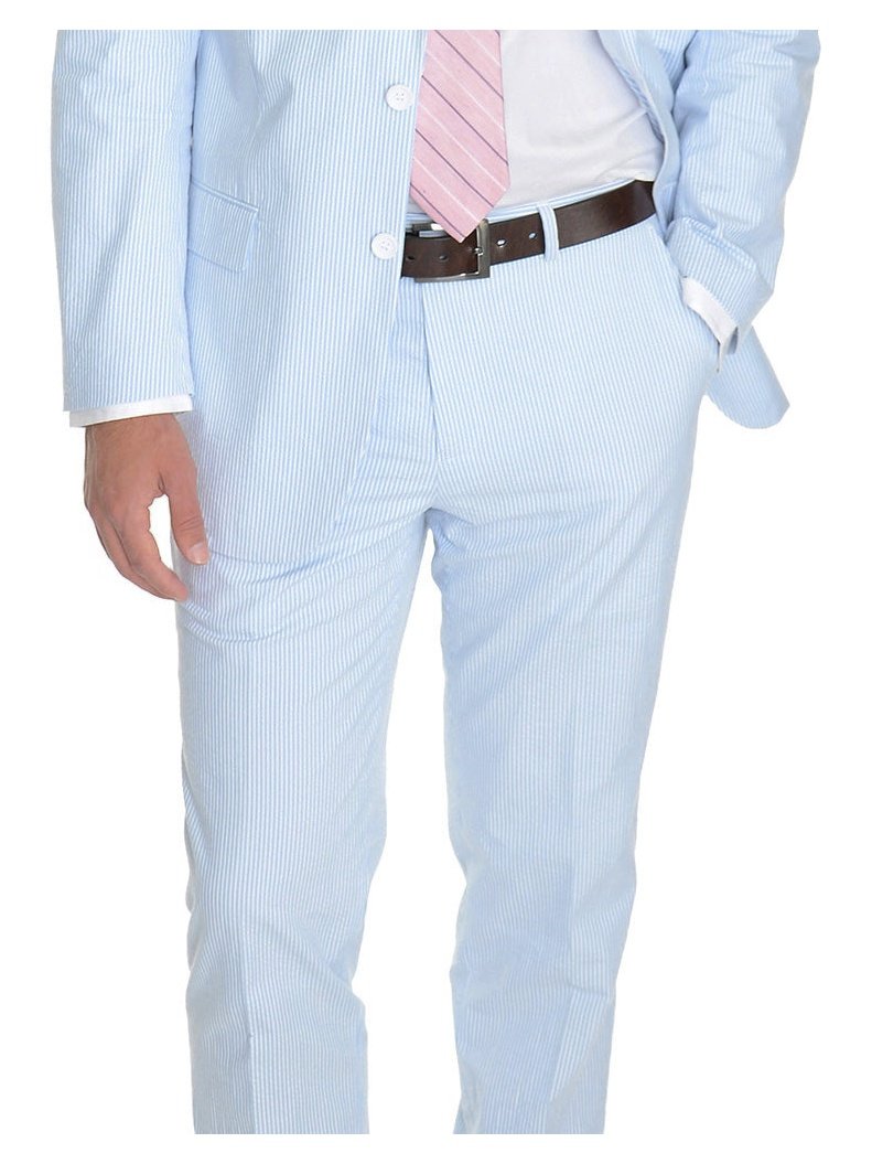 Emigre Classic Fit Blue Pinstriped Cotton Seersucker Pants