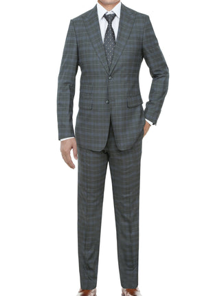 English Laundry Gray With Blue Windowpane Slim Fit Peak Lapel 2 Button Stretch Suit