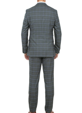 English Laundry Gray With Blue Windowpane Slim Fit Peak Lapel 2 Button Stretch Suit