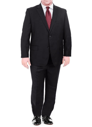 Men's Portly Fit Executive Cut Solid Black Two Button 2 Piece Wool Suit