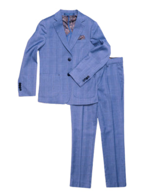 Isaac Mizrahi Boys Plaid Blue Slim Fit 4 Way Stretch 2 Piece Suit