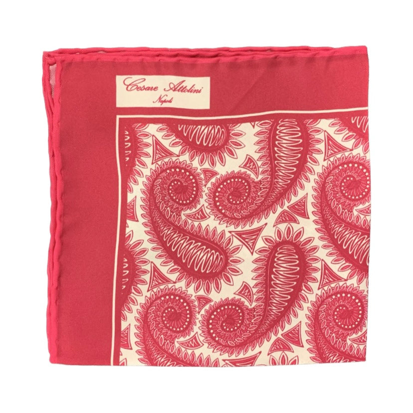Cesare Attolini Red Paisley Pocket Square Handmade In Italy