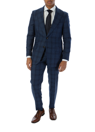Sartoria Mazara Mens Slim Fit Navy Blue With Burgundy Check 100% Wool Suit With Peak Lapels