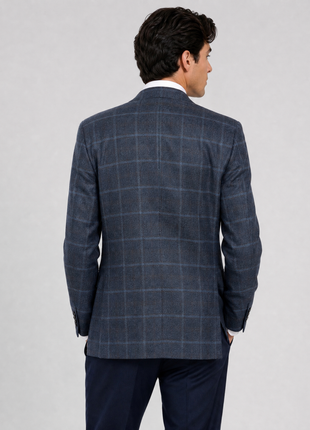 Oxxford Clothes Navy Blue with Brown Windowpane Classic Fit Wool 2-Button Sport Coat 44R
