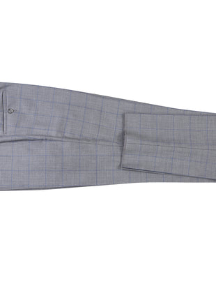 English Laundry Grey & Blue Windowpane Slim Fit Peak Lapel 2 Button Wool Suit