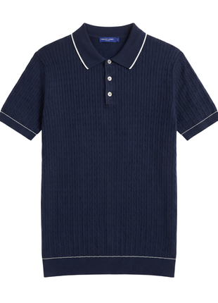Proper Sport Navy Blue Short Sleeve Cable Knit Cotton Silk Polo Shirt
