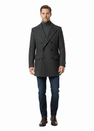 Canuti By Steven Land Mens Black Striped Double Breasted 100% Wool Overcoat - The Suit Depot