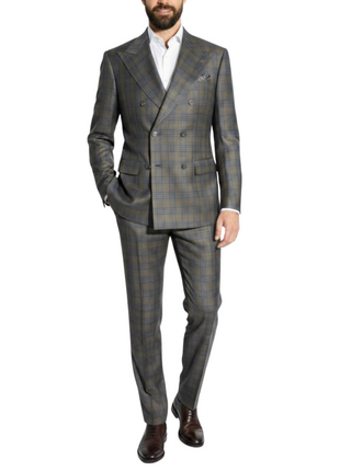 Beragamo Elegant Green With Blue Plaid Double Breasted Modern Fit Peak Lapel Wool 2 Button Suit