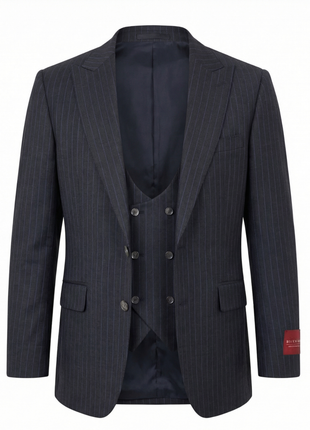 Mazara Mens Dark Gray with Navy Pinstripe Classic Fit Peak Lapel Wool 3-Piece Suit