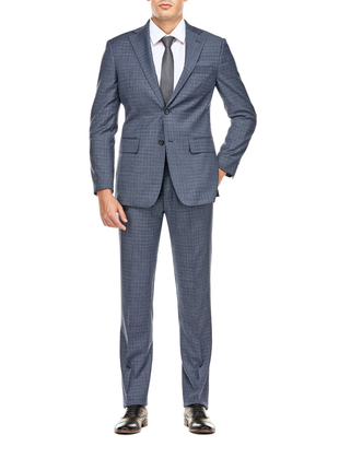 English Laundry Blue Check Slim Fit Notch Lapel Wool Blend Stretch 2 Button Suit