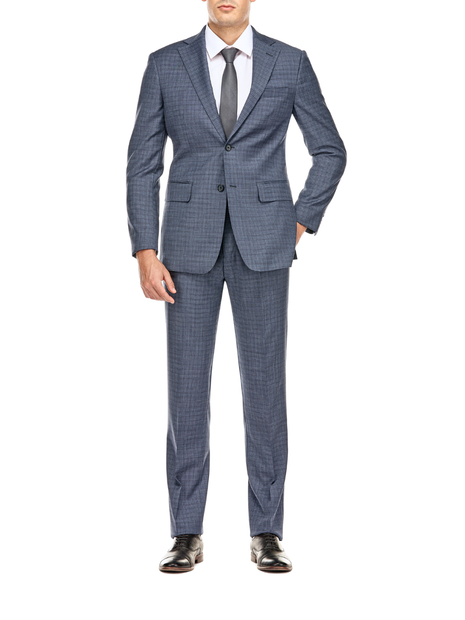 English Laundry Blue Check Slim Fit Notch Lapel Wool Blend Stretch 2 Button Suit
