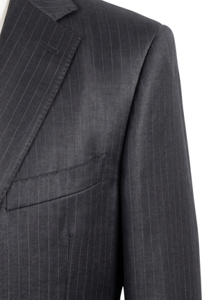 Canali Mens Black Sharkskin Pinstripe Notch Lapel Slim Fit 2 Button Wool Silk Suit - 48R