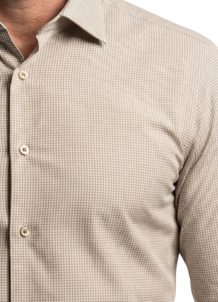 Proper Shirtings Tan Grid Windowpane Contemporary Fit Cotton Spread Collar Wrinkle Free Dress Shirt