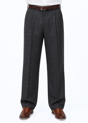 Mazara Mens Black With Gray Windowpane Wide Leg Pleated Wool Dress Pants