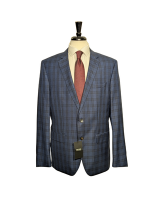 Hugo Boss Columbo Navy Blue and Black Windowpane Slim Fit Notch Lapels 2-Button Wool Silk Suit - 46R
