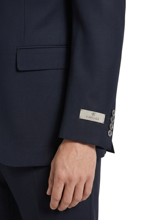 Canali Dark Navy Solid Slim Fit Peak Lapel Canvassed Wool Blend 3-Piece Suit- 46R