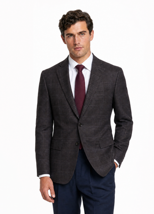 Pal Zileri Espresso Brown  & White Windowpane Classic Fit Wool Silk Blend2-Button Sport Coat 40R