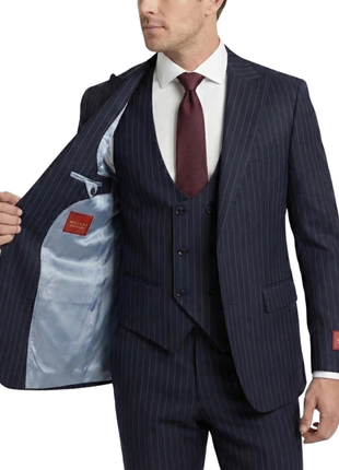 Mazara Mens Navy Rope Striped Classic Fit Peak Lapel 3-Piece Wool Suit