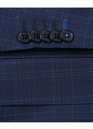 English Laundry Mens Navy Windowpane Plaid Slim Fit Notch Lapel 2 Button Wool Suit