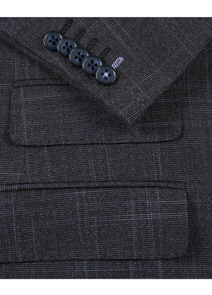 English Laundry Mens Navy & Brown Windowpane Slim Fit Peak Lapel 2 Button Stretch Suit