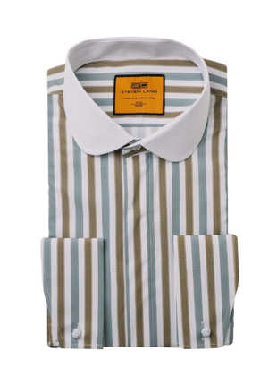 Steven Land Brown & Sage Striped Club Collar French Cuff 100% Cotton Wrinkle & Shrink Free Dress Shirt
