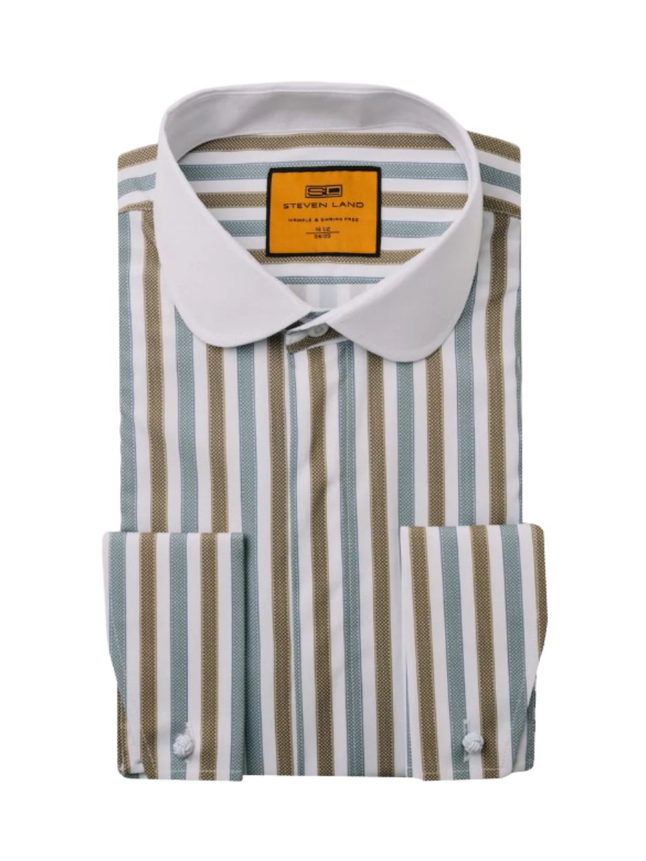 Steven Land Brown & Sage Striped Club Collar French Cuff 100% Cotton W The Suit Depot Steven Land Brown & Sage Striped Club Collar French Cuff 100% Cotton W The Suit Depot