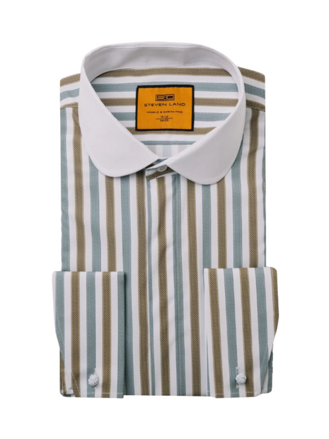 Steven Land Brown & Sage Striped Club Collar French Cuff 100% Cotton Wrinkle & Shrink Free Dress Shirt
