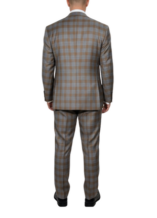 Beragamo Elegant Mens Beige With Light Blue Plaid Slim Fit Peak Lapel Wool 2 Button Suit