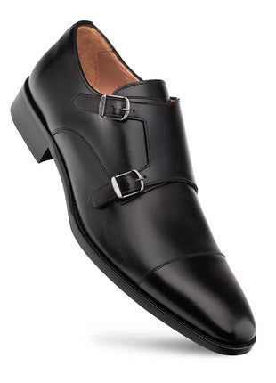 Mezlan Mens Black Cap Toe Double Monk Strap Leather Dress Shoes