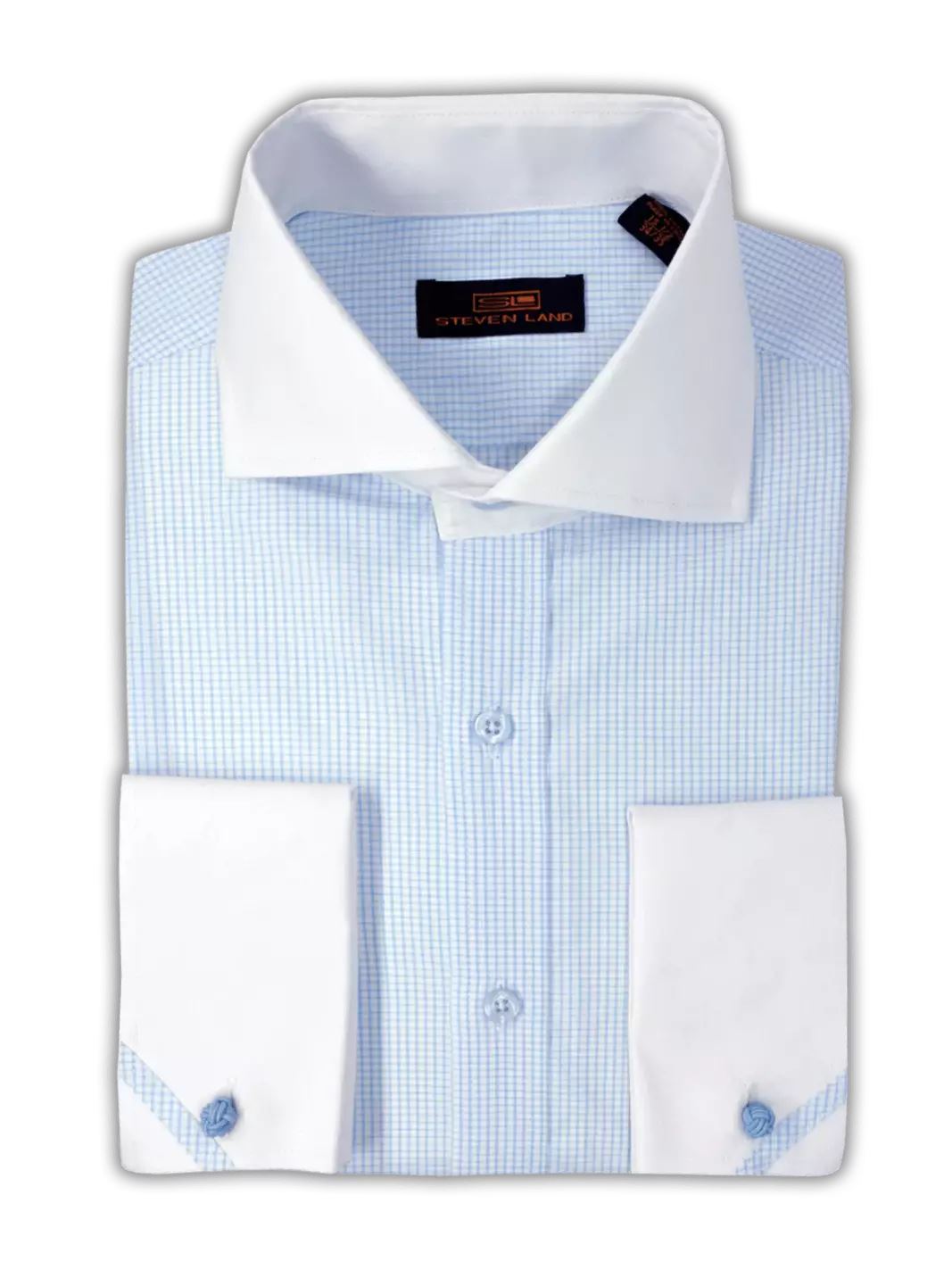 Steven Land Mens Blue Check Contrast Collar & French Cuff Cotton Dress The Suit Depot Steven Land Mens Blue Check Contrast Collar & French Cuff Cotton Dress The Suit Depot