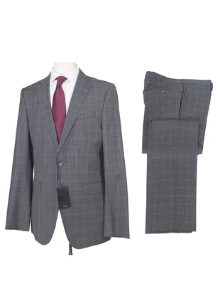 Hugo Boss Mens 42L Gray Windowpane 100% Wool Slim Fit 2 Piece Suit