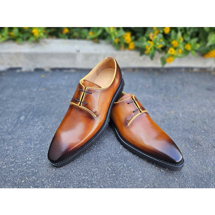 Carrucci Mens Cognac Brown Lace-up Oxford Leather Dress Shoes With Lug Sole