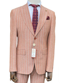 Thumbnail for Romaster Mens Slim Fit Rust Pinstriped Linen Blend 2 Piece Suit