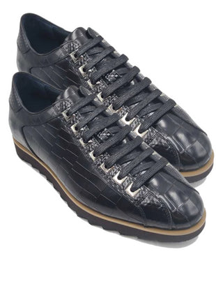Carrucci Mens Black Crocodile-Embossed Leather Sneakers