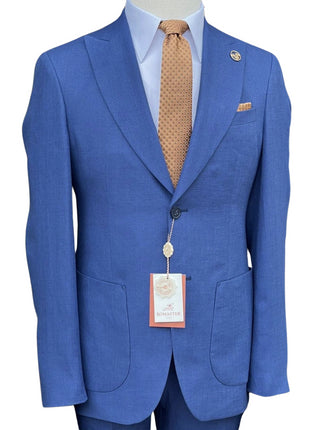 Romaster Mens Blue Slim Fit Linen Blend Blazer Sportcoat With Patch Pockets