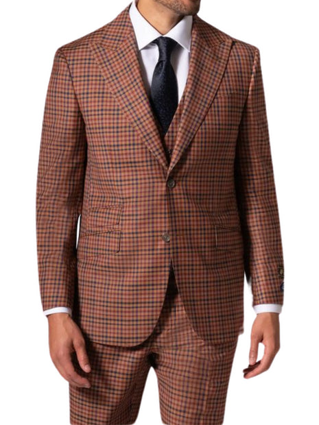 Beragamo Elegant Mens Brown Plaid Modern Fit 100% Wool 3 Piece Suit