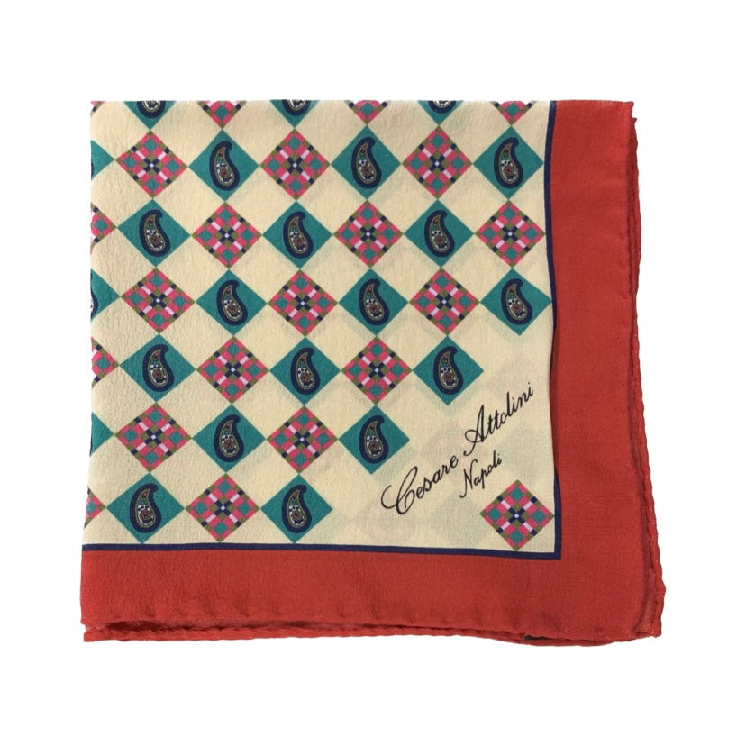 Cesare Attolini Red Beige Motif Pocket Square Handmade In Italy