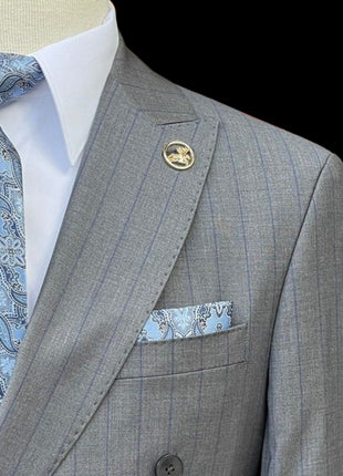 Romaster Mens Grey & Blue Pinstriped Double Breasted Stretch Wool Suit