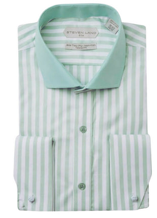Steven Land Elite Men's Mint Green Stripe French Cuff Cotton Dress Shirt
